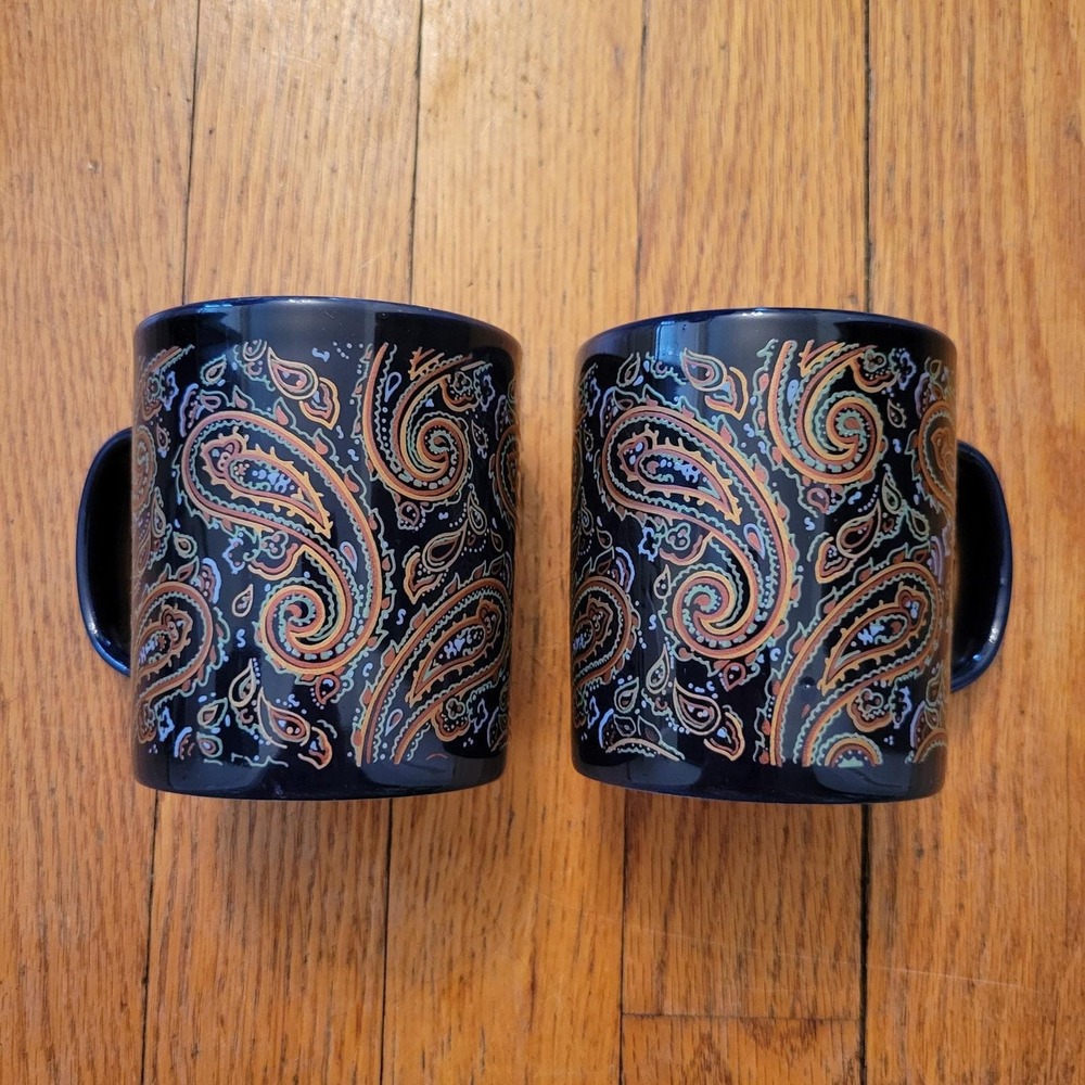 Coloroll England Vintage Paisley Mugs Set of 2 Cobalt Blue Stoneware 1980s Decor
